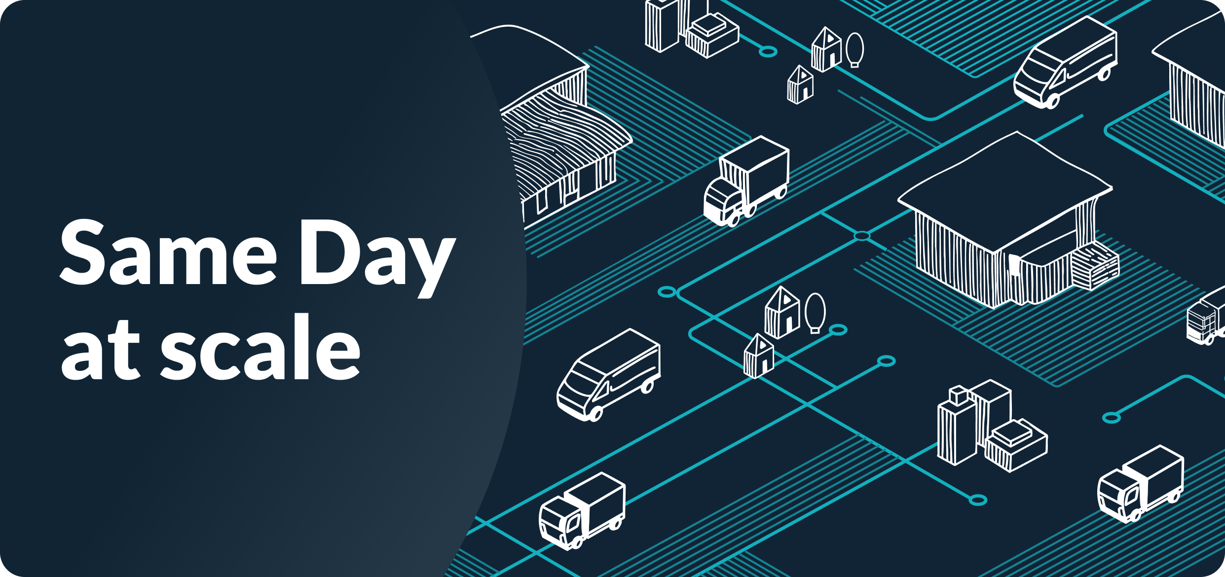 Illustration of a connected delivery network showing vehicles moving between stores and homes, representing same-day delivery at scale.